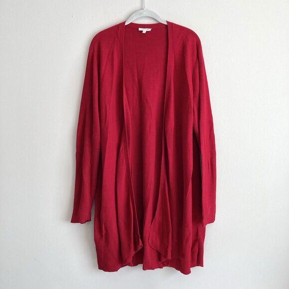 Eileen Fisher Sweater Womens 2X Organic Cotton Open Front Red Cardigan Staple - Picture 1 of 10
